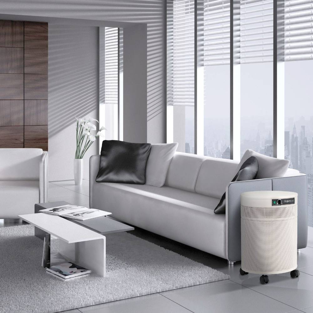 Airpura G700 DLX - Odor-Free Carbon for the Chemically Sensitive (MCS) - Plus Air Purifier is elegantly placed in a modern living room setting beside a white sofa