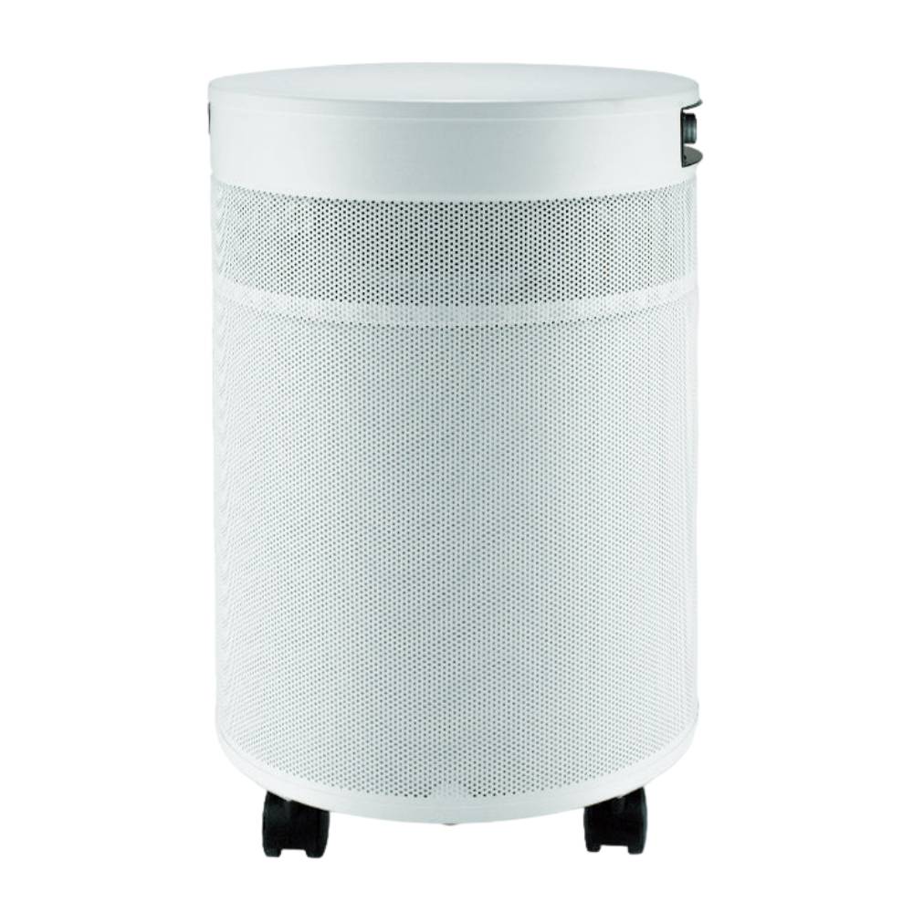 Airpura T600 DLX - Heavy Tobacco Smoke Air Purifier from the side, highlighting its smooth, cylindrical design and mobility wheels