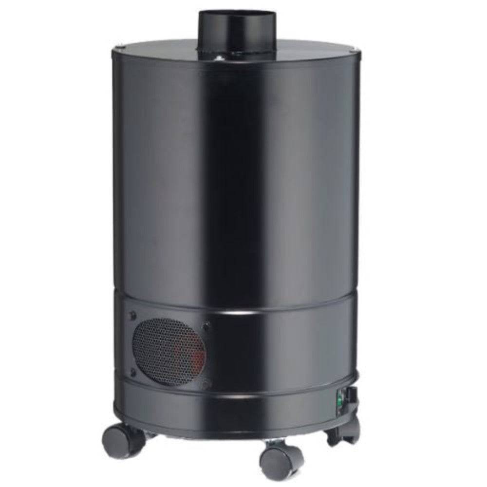 Airpura T700 DLX-W Air Purifier - Whole House as a tall, black cylindrical unit on wheels, designed for easy movement