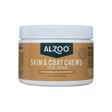 A jar of ALZOO Plant-Based Skin & Coat Soft Chews is shown, clearly labeled with its product information