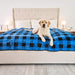 A labrador sits on a bed covered with a Paw PupProtector™ Short Fur Waterproof Throw Blanket - Blue Plaid Doggie Blanket