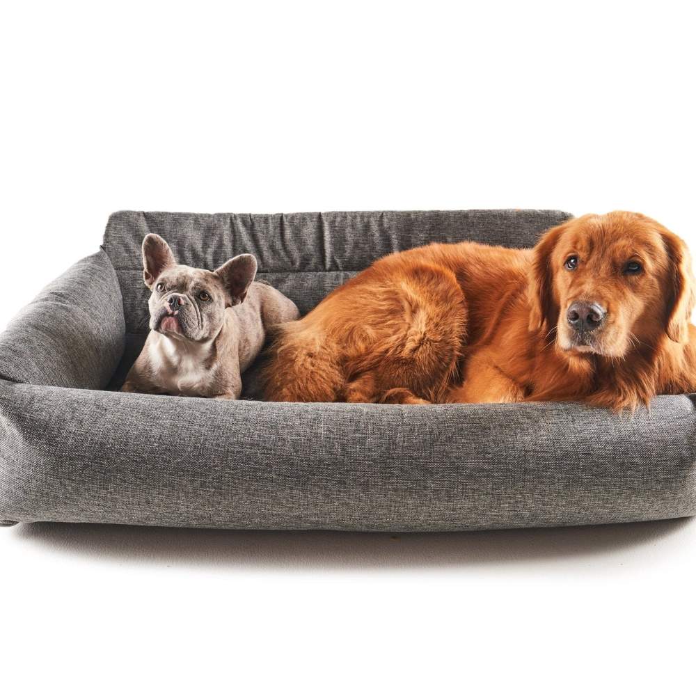 A large golden retriever and a small grey dog are comfortably lying together in the Paw PupProtector™ Memory Foam Dog Car Bed