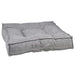 Allumina Bowsers Piazza Dog Bed in gray woven fabric features a plush tufted cushion with raised padded edges for cozy comfort