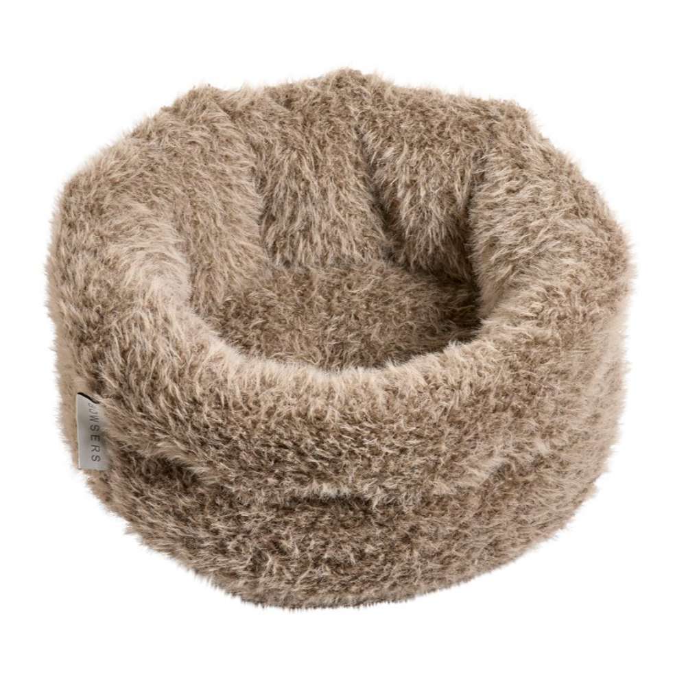 Alpaca Bowsers The Muffy Dog Bed appears as a plush brown round nest with thick raised edges for comfort and support