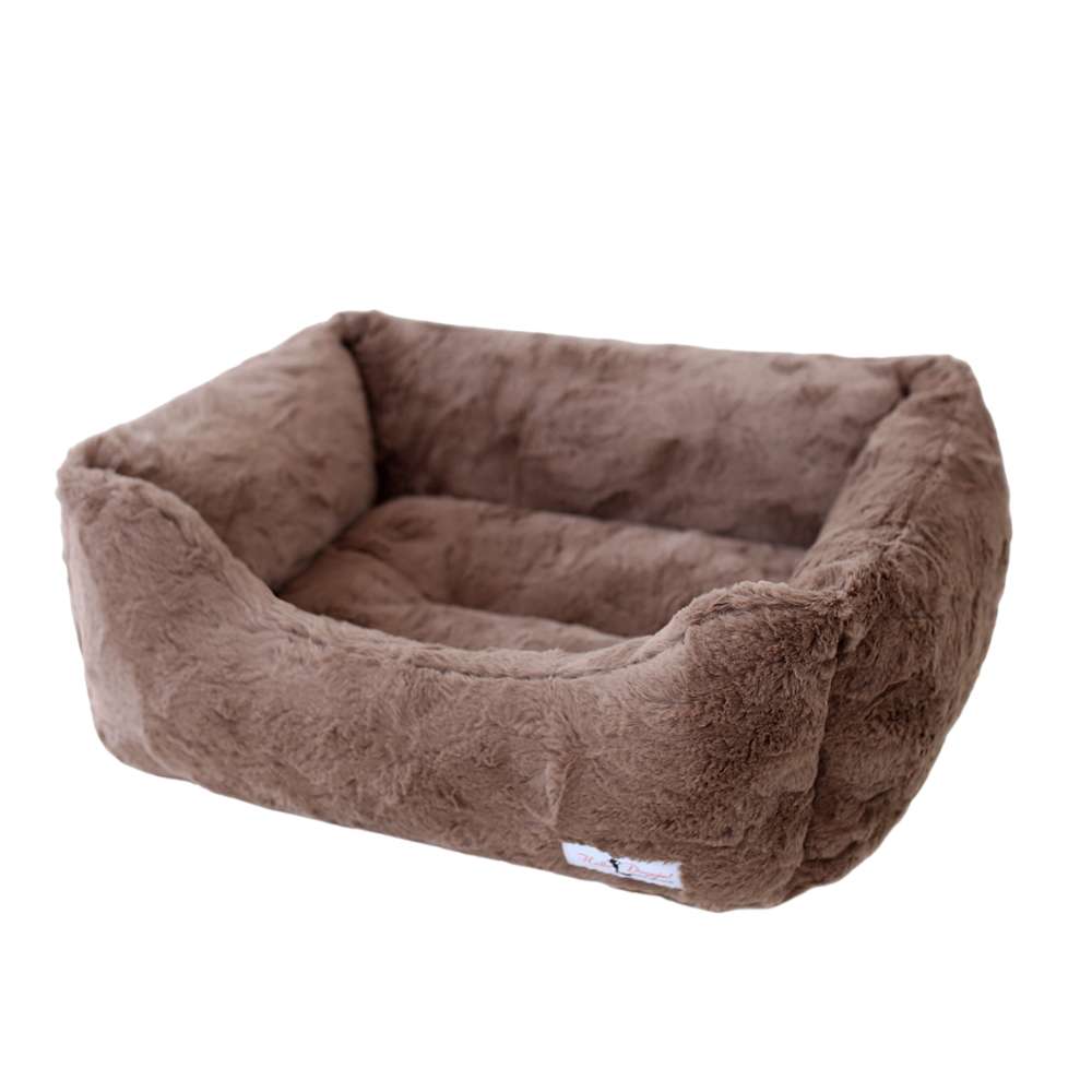 A mocha brown, rectangular, plush dog bed with soft, furry fabric. The label reads Hello Doggie Bella Dog Bed