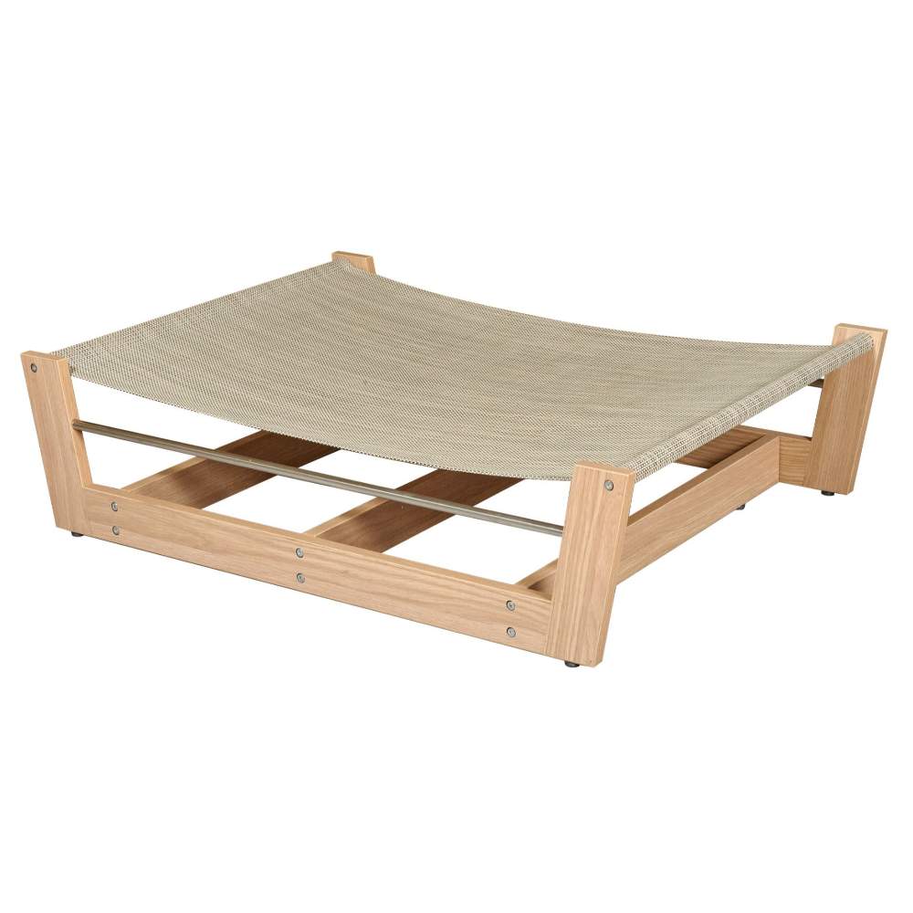 An empty Bowsers Yugen Pet Lounger, showcasing its sturdy wooden frame and mesh fabric sleeping surface