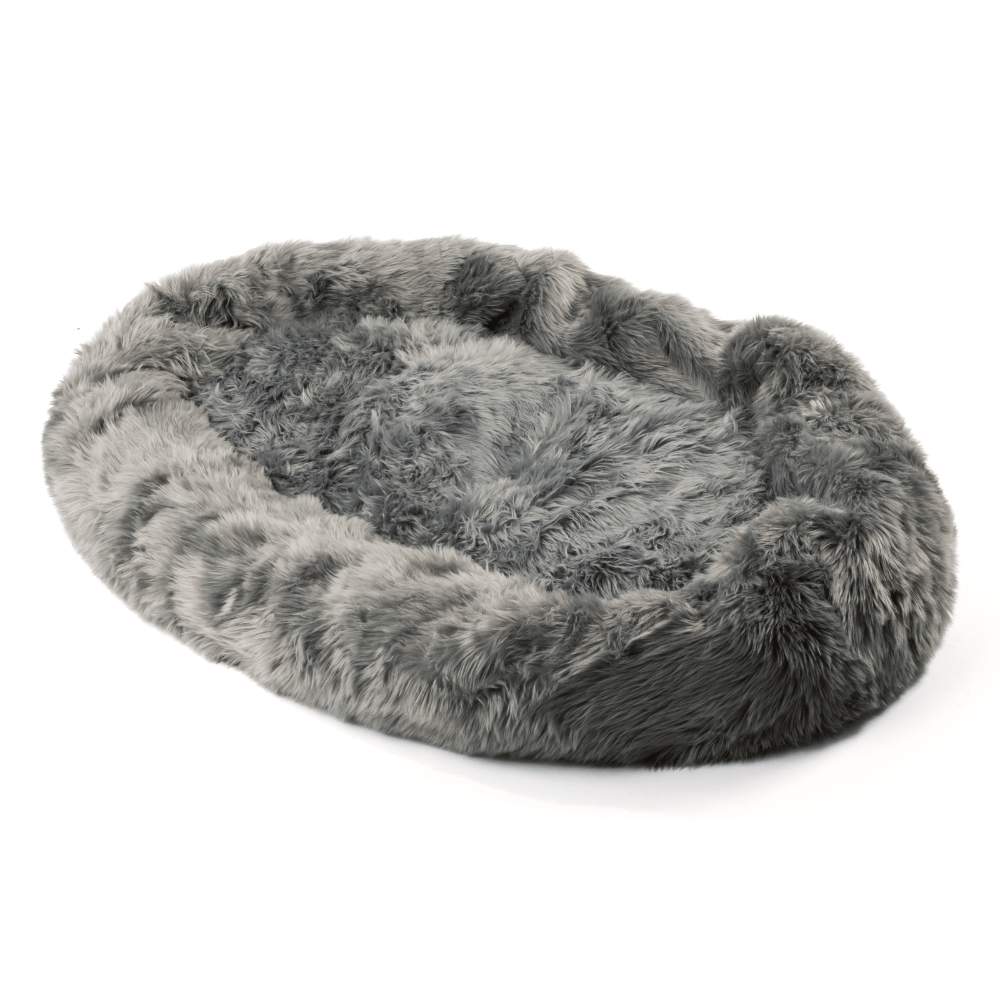 An empty Charcoal Grey Paw PupCloud™ Human-Size Faux Fur Memory Foam Dog Bed is displayed