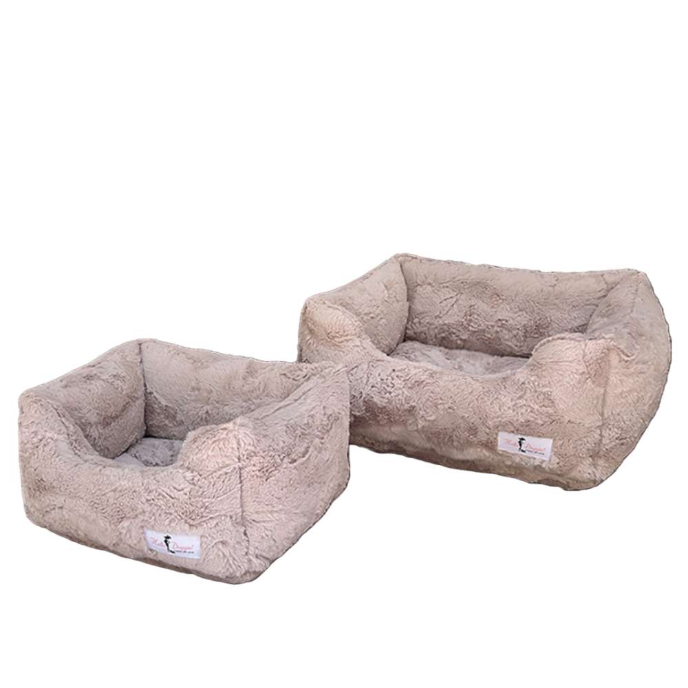 An image depicts two Hello Doggie Cuddle Dog Bed units in latte color featuring a plush, soft material that offers comfort and warmth, with one bed being smaller than the other