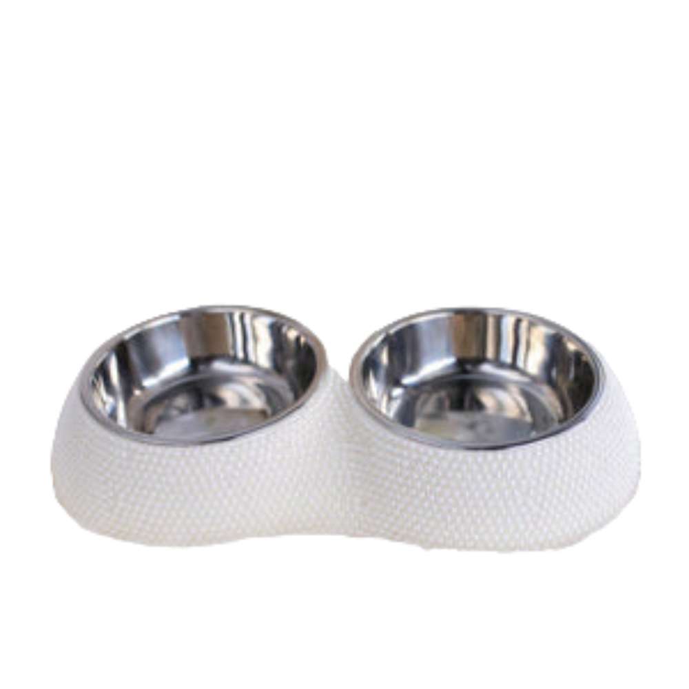 An image features a close-up of the Hello Doggie Pearl Dining Bowl, highlighting its two stainless steel bowls in a pearl-colored, textured base against a plain white background