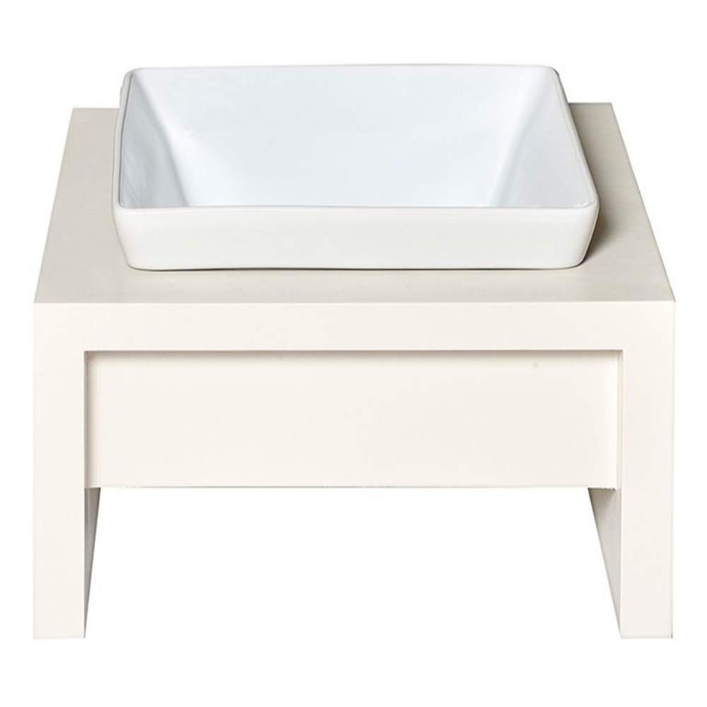 An image features the Bowsers Fresco Single Wood Feeder, highlighting its elevated beige platform and single white bowl for easy access and stylish presentation
