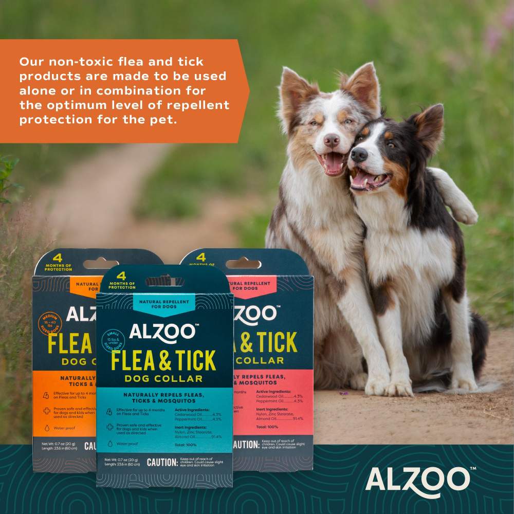 An image of the ALZOO Plant-Based Flea & Tick Collar for Small Dog shows three different collar packages in front of two happy dogs