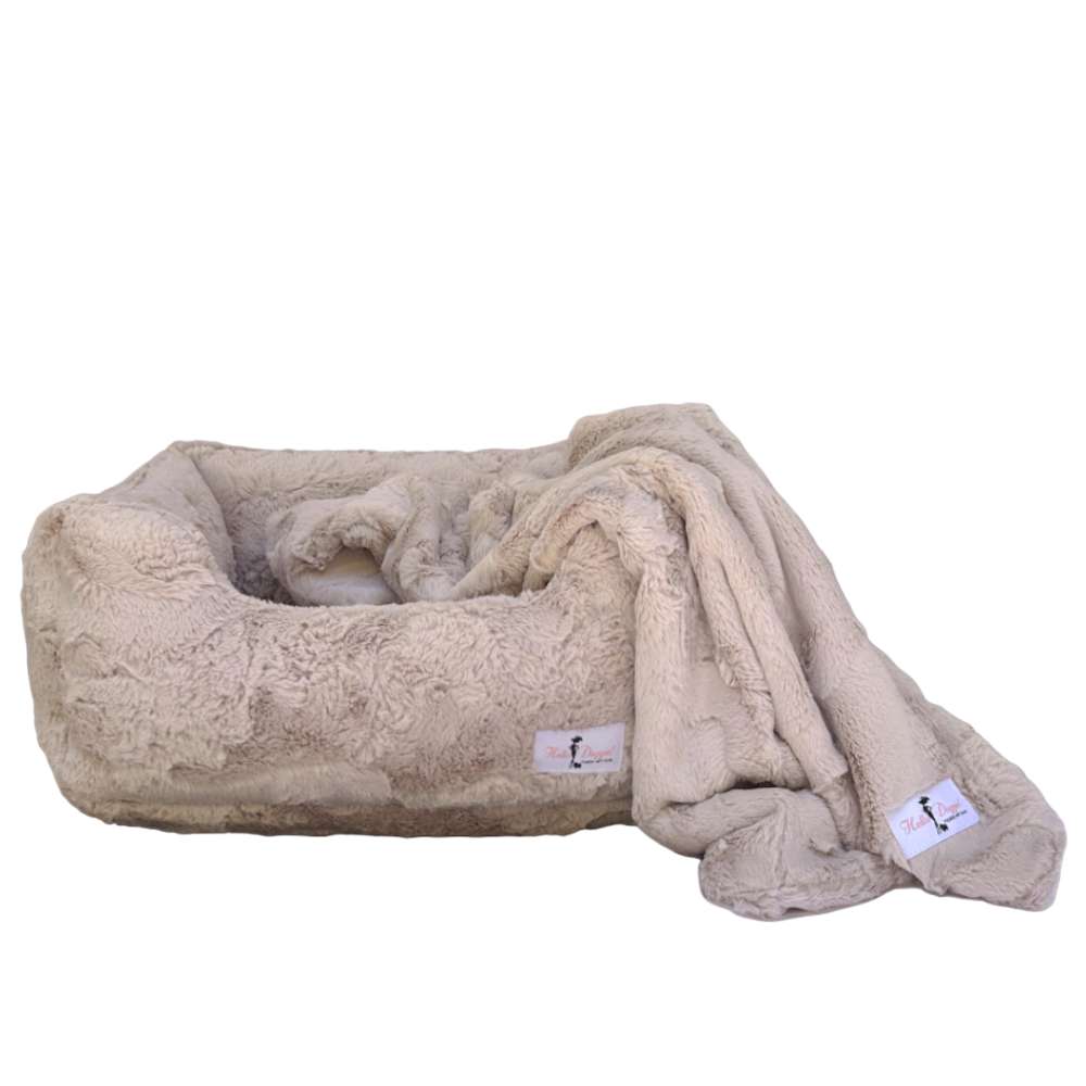 An image shows a Hello Doggie Cuddle Dog Bed in latte color, accompanied by a matching blanket