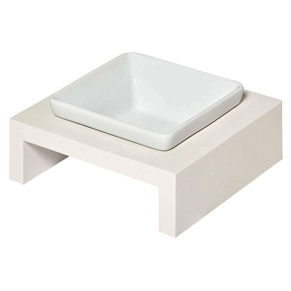 An image shows the Bowsers Fresco Single Wood Feeder, a contemporary pet feeder with a single white bowl on a compact beige stand