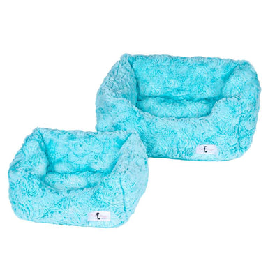 An image shows two Hello Doggie Cuddle Dog Bed units in aquamarine in different sizes, with each having a rectangular shape and high sides