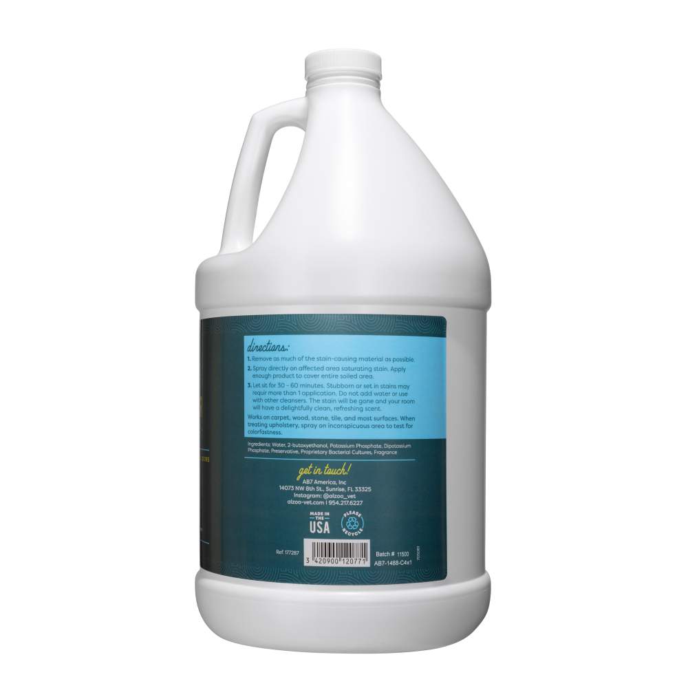 Another side of the ALZOO Enzyme-Based Stain & Odor Remover - Citrus Vanilla container, providing usage directions and contact information