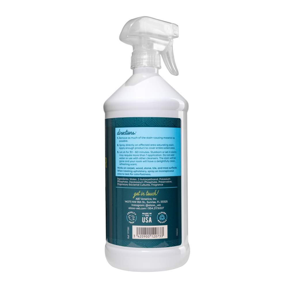 Another side of the ALZOO Enzyme-Based Stain & Odor Remover Spray 32oz - Lavender Vanilla, with a focus on the directions for use and product ingredients