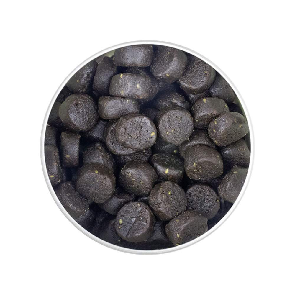 An overhead view of the ALZOO Plant-Based Hip & Joint Soft Chews, showing numerous dark, round chews inside the container