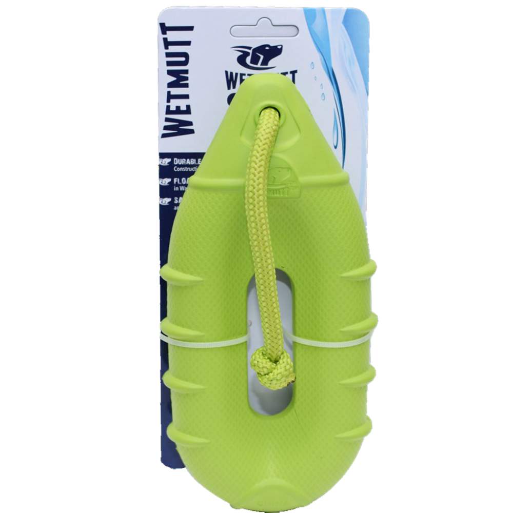A packaged green WetMutt Dog Toy - Buoy with a rope is displayed on a white background