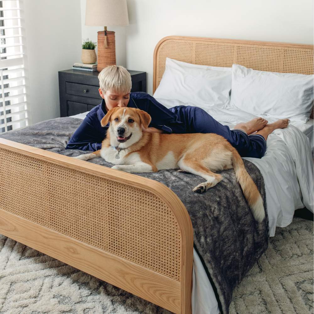 A person and their dog are lounging on a bed featuring the Paw PupProtector™ Waterproof Bed Runner - Ultra Soft Chinchilla