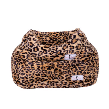 A plush, leopard-print Hello Doggie Cashmere Dog Bed, offering a stylish and comfortable resting place for pets with a bold and eye-catching pattern