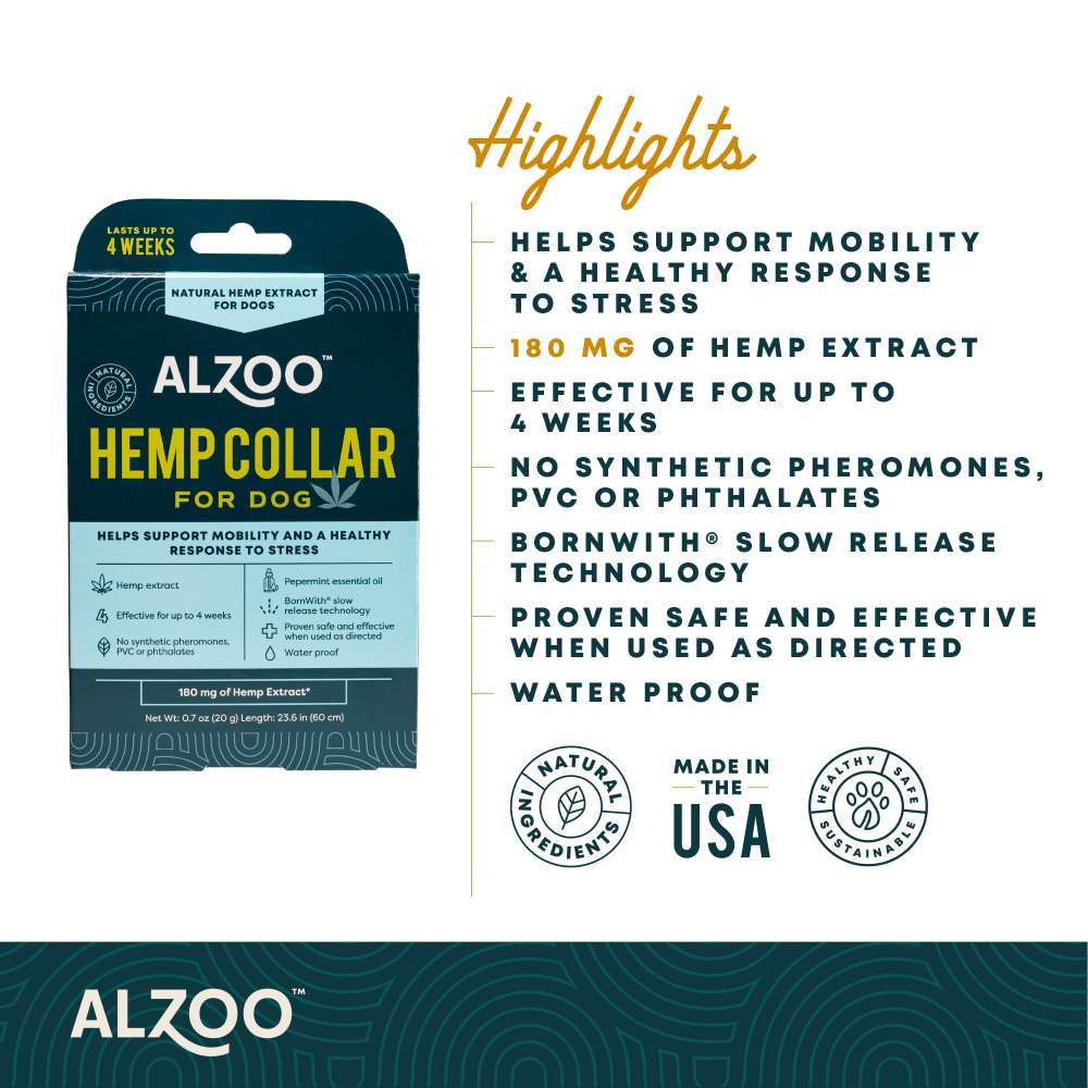 A product highlight image of the ALZOO Plant-Based Hemp Premium Collar for Dogs, listing key features like hemp extract and water resistance