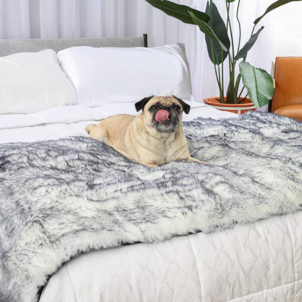 A pug is lying on a bed and licking its nose while resting on the Paw PupProtector™ Waterproof Bed Runner - Ultra Plush Arctic Fox