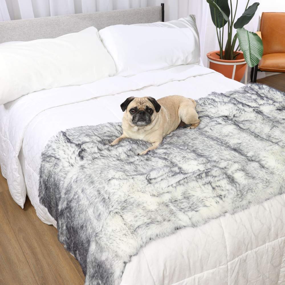 A pug is lying on a bed covered with the Paw PupProtector™ Waterproof Bed Runner - Ultra Plush Arctic Fox
