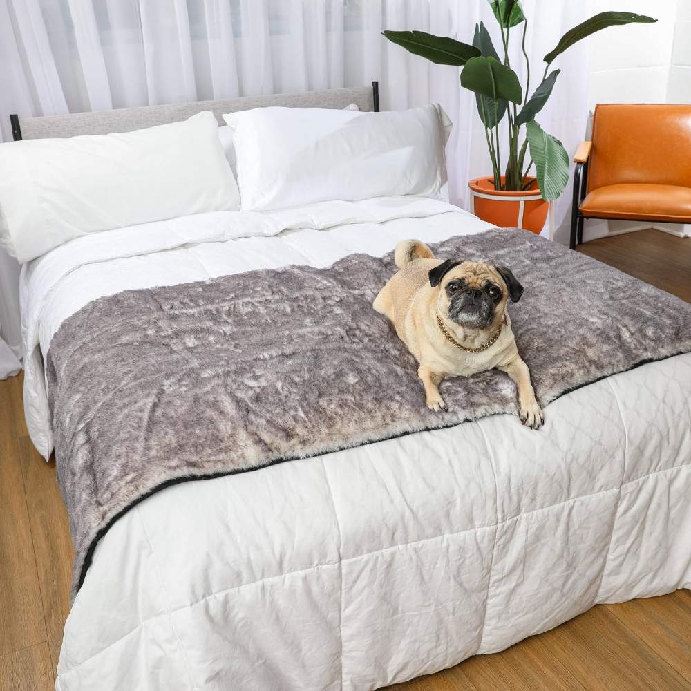 A pug is sitting on a bed enjoying the comfort of the Paw PupProtector™ Waterproof Bed Runner - Ultra Soft Chinchilla