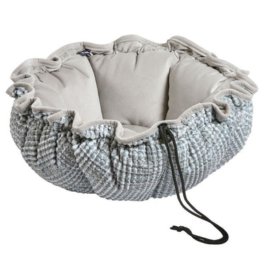 Arctica Bowsers Buttercup Dog Bed in soft gray and blue fabric has raised cushioned sides and adjustable drawstrings