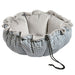 Arctica Bowsers Buttercup Dog Bed in soft gray and blue fabric has raised cushioned sides and adjustable drawstrings