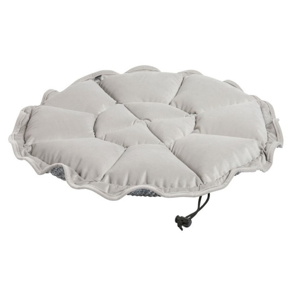 Arctica Bowsers Buttercup Dog Bed unfolded into a flat light gray cushion with soft quilted padding and rounded edges