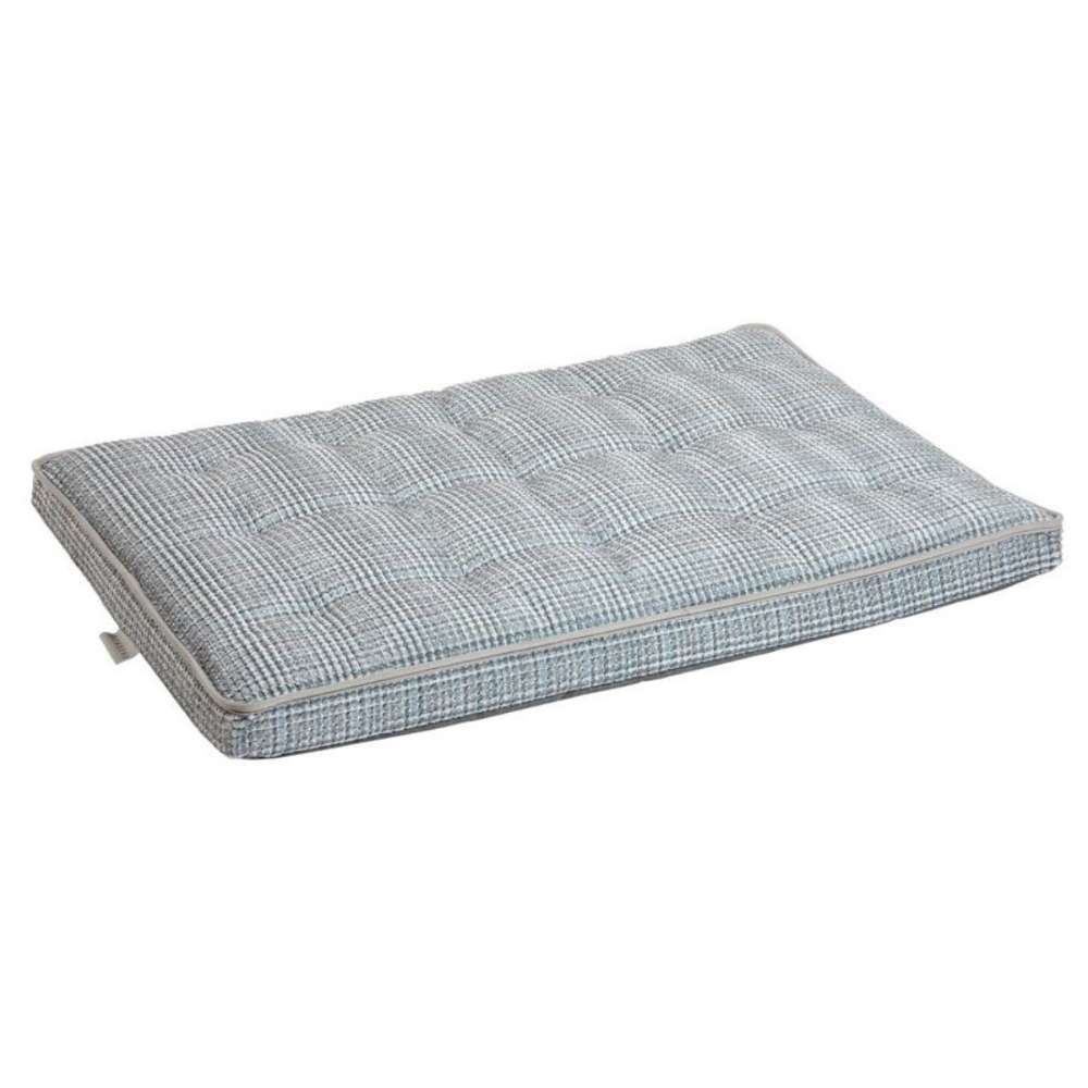 Arctica Bowsers Luxury Crate Mattress Dog Bed in soft blue plaid with a tufted cushion designed for cozy crate comfort