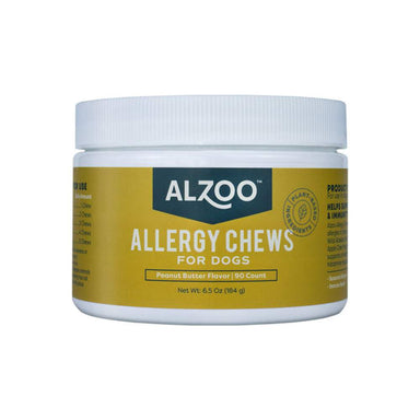 A round white container labeled ALZOO Plant-Based Allergy Soft Chews features a bright yellow label and is designed for dogs with allergies