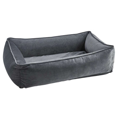 Ash Bowsers Urban Lounger Dog Bed in dark gray velvet fabric with soft padded walls