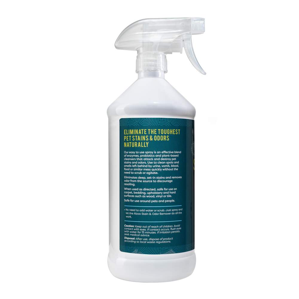 A side view of the ALZOO Enzyme-Based Stain & Odor Remover Spray 32oz - Citrus Vanilla bottle with a description emphasizing its natural, enzyme-based formula