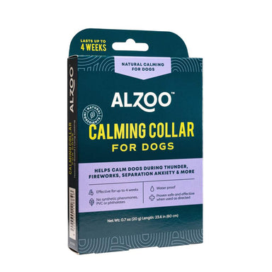 A side view of the ALZOO Plant-Based Calming Collar for Dogs packaging, emphasizing its effectiveness for up to 4 weeks