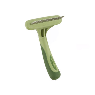 A side view of the Safari Dog Single Row Undercoat Rake with Rotating Pins highlights the angle of the rake's metal pins extending from the green handle