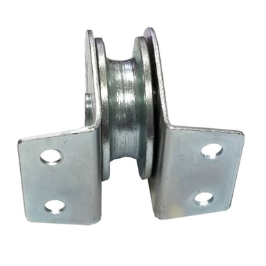 A side view of the Security Boss Wall Mounted Pulley displaying the metal construction with a grooved pulley wheel sandwiched between two brackets