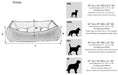 A size chart for the Bowsers One Of A Kind Scoop Dog Bed, detailing dimensions and suitable dog breeds for different sizes