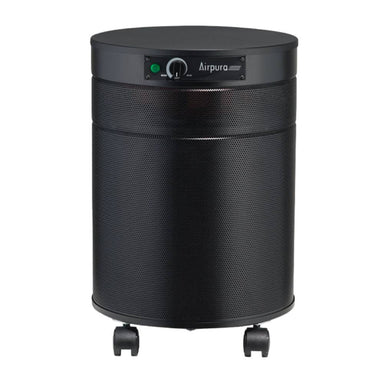 A sleek, black cylindrical air purifier labeled Airpura V714 - VOCs and Chemicals - Good for Wildfires Air Purifier