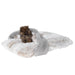 A small brown Pomeranian puppy sitting in a plush, faux furHello Doggie Ritz Hideaway Dog Bed in white and light grey