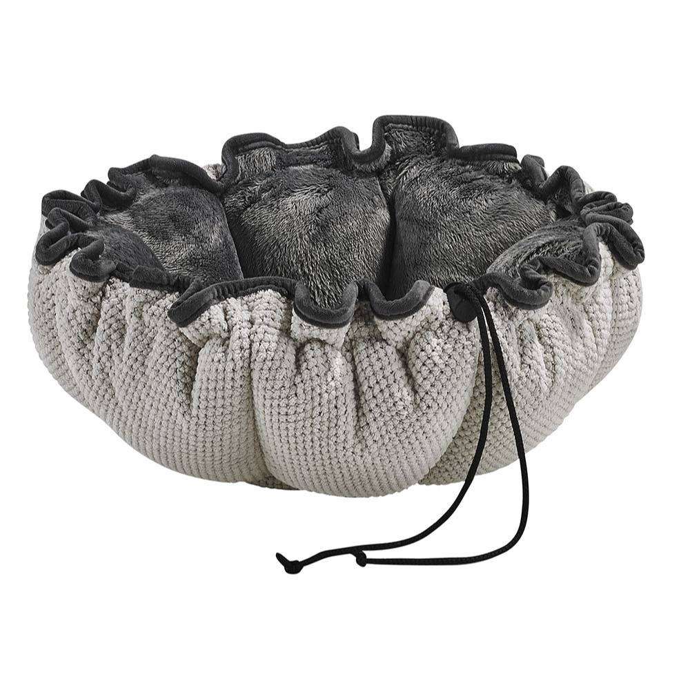 Aspen Bowsers Buttercup Dog Bed with cream knit fabric, dark gray plush cushioning, and a cozy gathered round design