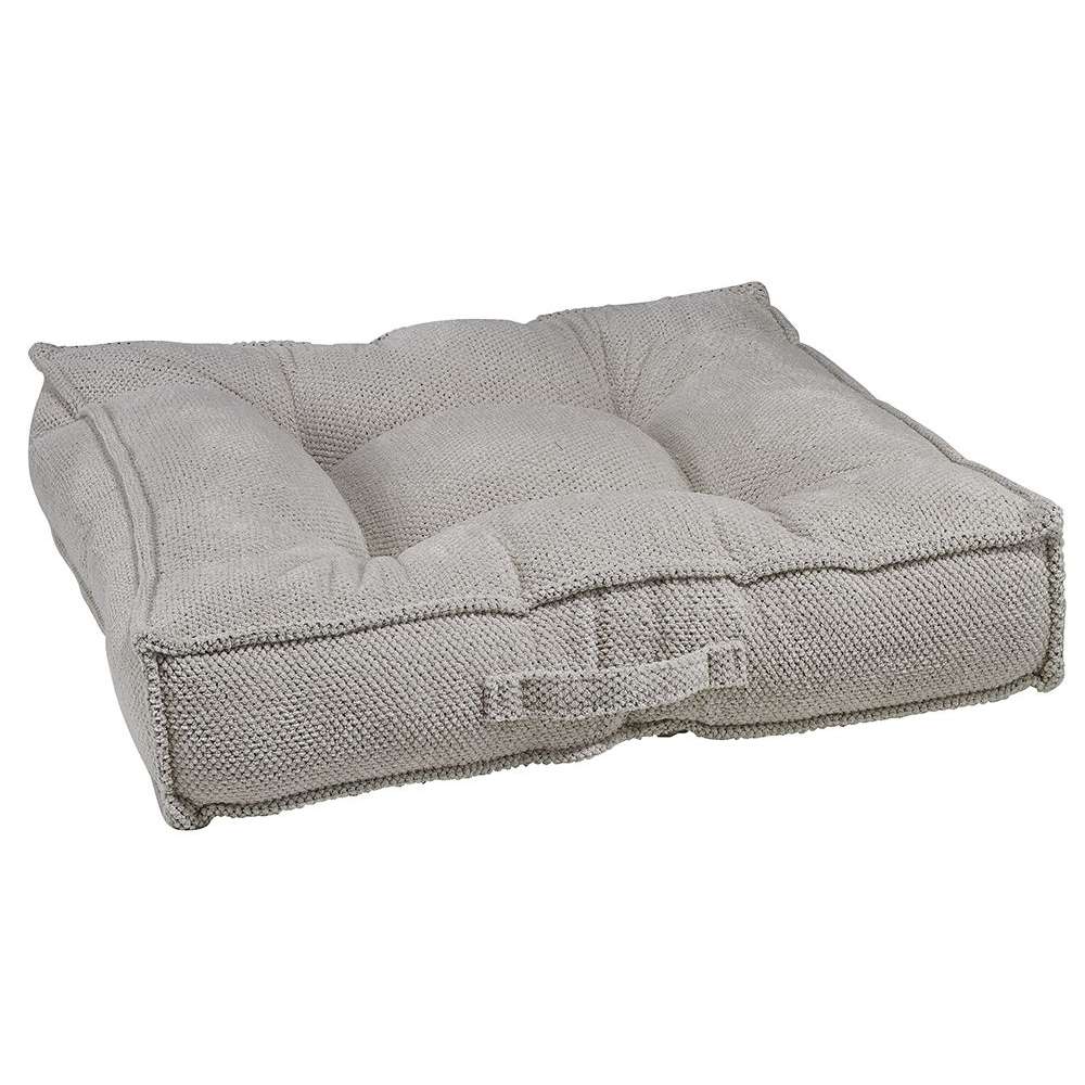 Aspen Bowsers Piazza Dog Bed in light beige knit fabric includes overstuffed bolsters and a deeply padded sleeping surface