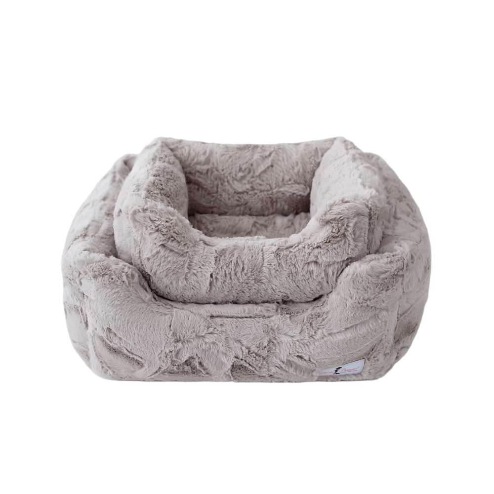 A taupe-colored double-layer dog bed from the Hello Doggie Luxe Dog Bed collection