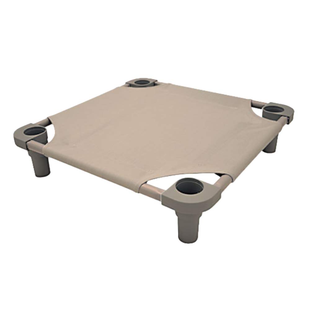 A taupe elevated Wash N Zip Pet Bed Dog Cot Pet Bed featuring a durable fabric surface and four legs with circular openings at the corners
