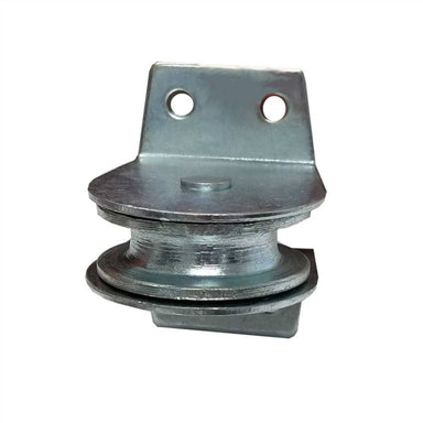 A top view of the Security Boss Wall Mounted Pulley showcasing a metallic pulley system with two mounting holes on the upper plate