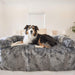 A tricolor dog is sitting and posing on the bed, which has the Paw PupProtector™ Waterproof Couch Lounger - Charcoal Grey
