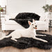 A white dog is lying on the Curve Midnight Black Paw PupRug Faux Fur Orthopedic Dog Bed in a living room with matching black and white decor