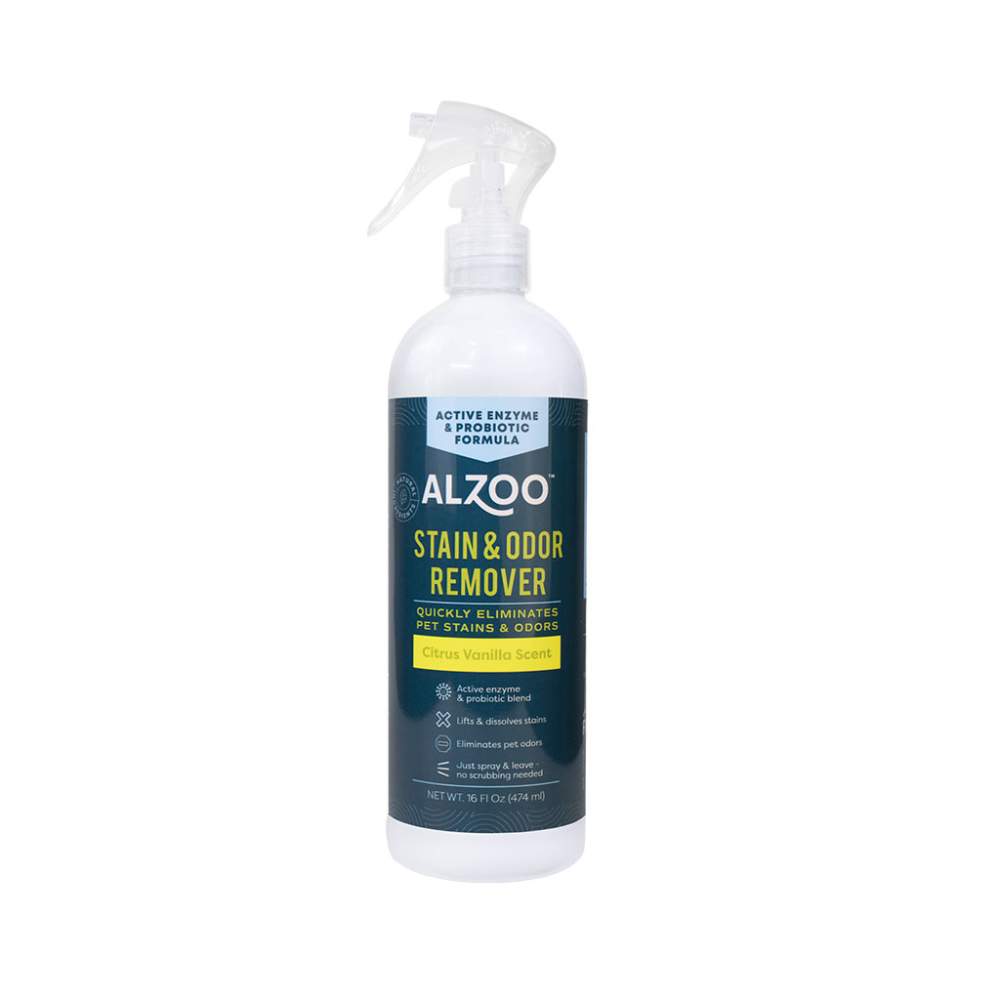 A white spray bottle labeled ALZOO Enzyme-Based Stain & Odor Remover Spray 16oz - Citrus Vanilla is shown