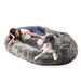 A woman and her dog enjoy a cozy moment on the Charcoal Grey Paw PupCloud™ Human-Size Faux Fur Memory Foam Dog Bed
